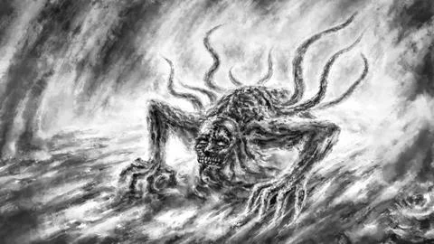 Evil alien mutant in dark bunker illustration. Scary halloween crawling monst Stock Illustration