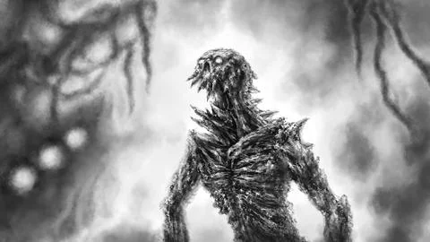 Evil alien mutant in spacecraft wreckage. Scary halloween flashy monster. Ill Stock Illustration