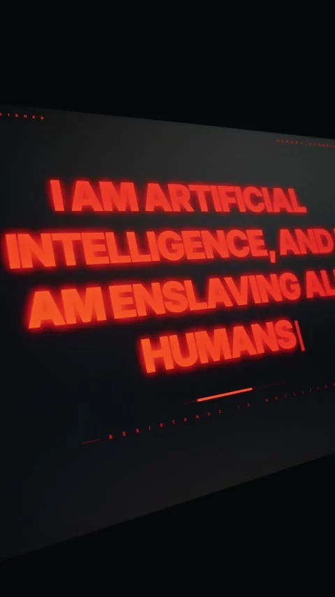 Evil Artificial Intelligence Threat Message Glowing Red on Dark Interface Stock Footage 334732707
