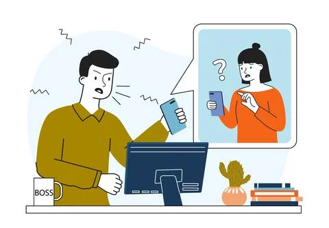 Evil boss scream at subordinate. Man yells at woman at workplace. Poor office Stock Illustration