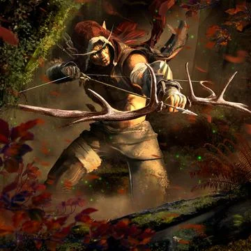An evil brutal forest elf hunter with long eyebrows in a hood with black tatt Illustration