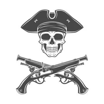 Evil captain skull in cocked hat vector. Jolly Roger logo template. death t Stock Illustration