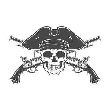 Evil captain skull in cocked hat vector. Jolly Roger logo template. death t Stock Illustration