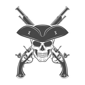 Evil captain skull in cocked hat vector template. Jolly Roger logo template Stock Illustration