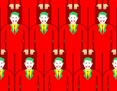 Evil clown crazy pattern seamless. Clown in red suit and green hair. Sneaky g Illustrazione stock