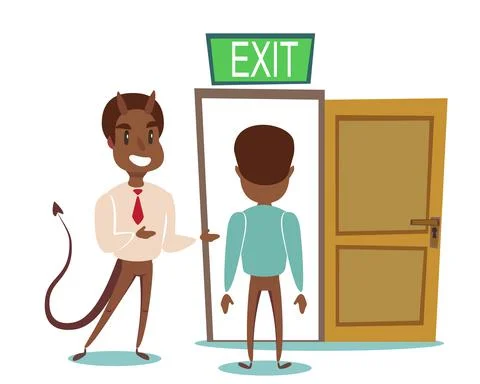 Evil devil businessman invite men to opened door. Stock Illustration