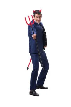 Evil devil businessman with pitchfork isolated on white backgrou Stock Photos