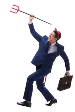 Evil devil businessman with pitchfork isolated on white backgrou Stock Photos