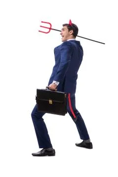 Evil devil businessman with pitchfork isolated on white backgrou Foto stock