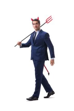Evil devil businessman with pitchfork isolated on white backgrou Stock Photos