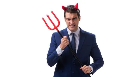 Evil devil businessman with pitchfork isolated on white backgrou 스톡 사진