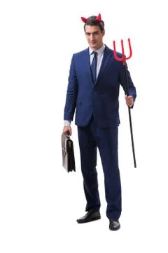 Evil devil businessman with pitchfork isolated on white backgrou Foto stock