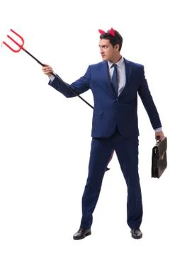 Evil devil businessman with pitchfork isolated on white backgrou Stock Photos