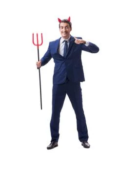 Evil devil businessman with pitchfork isolated on white backgrou Stock Photos