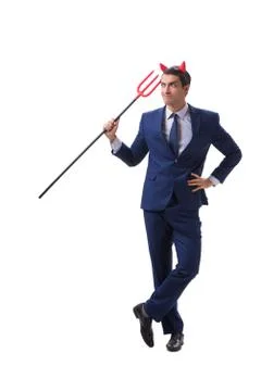 Evil devil businessman with pitchfork isolated on white backgrou Stock Photos
