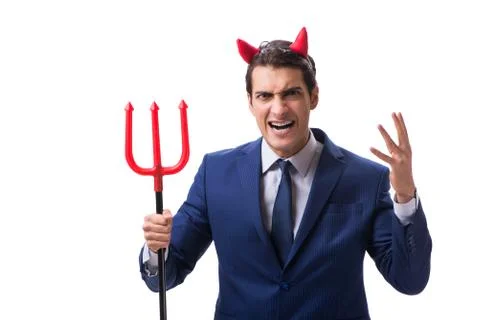 Evil devil businessman with pitchfork isolated on white backgrou Stock Photos