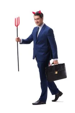 Evil devil businessman with pitchfork isolated on white backgrou Stock Photos