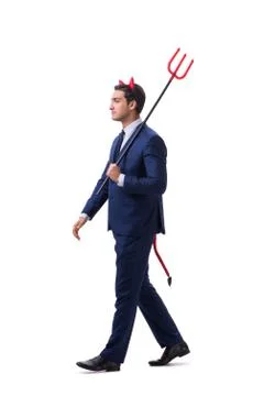 Evil devil businessman with pitchfork isolated on white backgrou Stock Photos