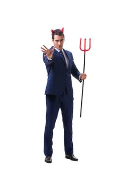 Evil devil businessman with pitchfork isolated on white backgrou Stock Photos