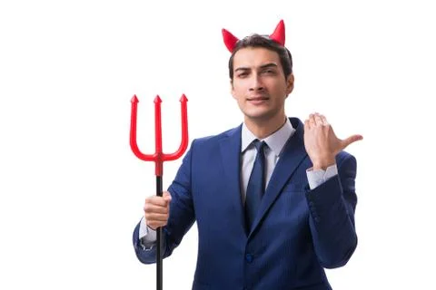 Evil devil businessman with pitchfork isolated on white backgrou Stock Photos