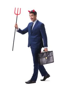 Evil devil businessman with pitchfork isolated on white backgrou Stock Photos