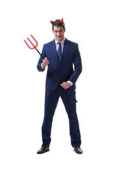 Evil devil businessman with pitchfork isolated on white backgrou Stock Photos