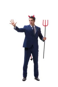 Evil devil businessman with pitchfork isolated on white backgrou Stock Photos