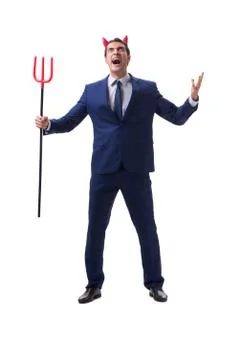 Evil devil businessman with pitchfork isolated on white backgrou Stock Photos
