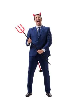 Evil devil businessman with pitchfork isolated on white backgrou Stock Photos