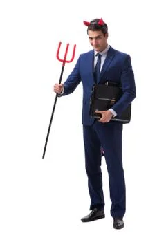 Evil devil businessman with pitchfork isolated on white backgrou Stock Photos