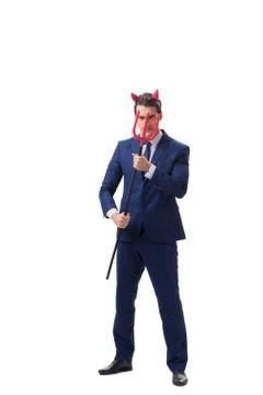 Evil devil businessman with pitchfork isolated on white backgrou Stock Photos