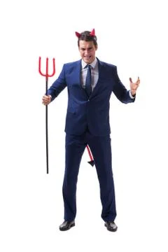 Evil devil businessman with pitchfork isolated on white backgrou Stock Photos