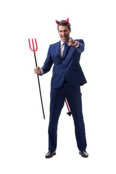 Evil devil businessman with pitchfork isolated on white backgrou Stock Photos