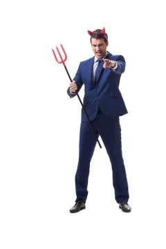 Evil devil businessman with pitchfork isolated on white backgrou Stock Photos