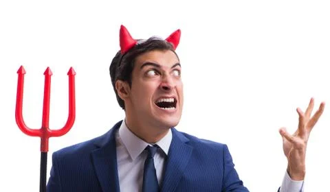 Evil devil businessman with pitchfork isolated on white backgrou Stock Photos