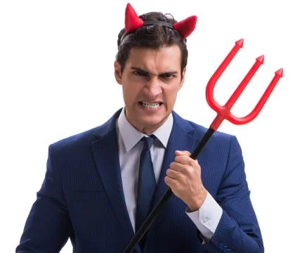 Evil devil businessman with pitchfork isolated on white backgrou 스톡 사진