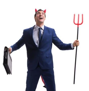 Evil devil businessman with pitchfork isolated on white backgrou 스톡 사진