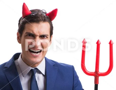 Evil devil businessman with pitchfork isolated on white backgrou Stock Photos