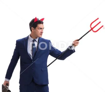Evil devil businessman with pitchfork isolated on white backgrou Stock Photos