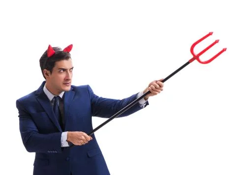 Evil devil businessman with pitchfork isolated on white backgrou Stock Photos