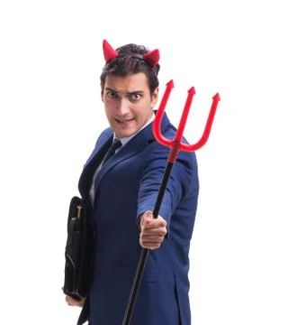 Evil devil businessman with pitchfork isolated on white backgrou 스톡 사진