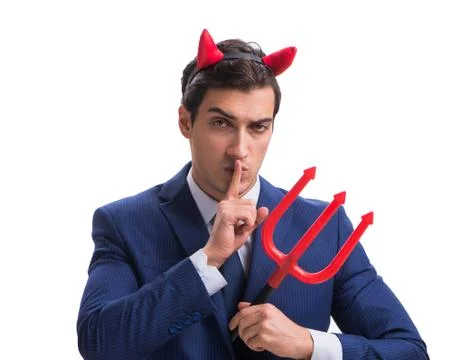 Evil devil businessman with pitchfork isolated on white backgrou Stock Photos