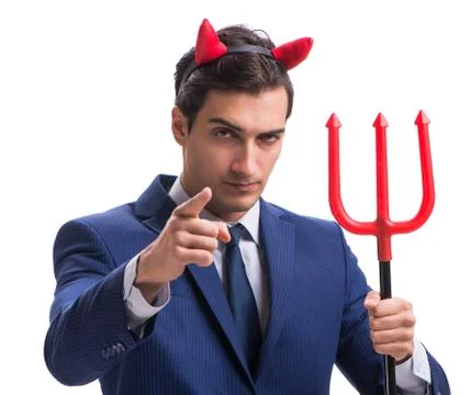 Evil devil businessman with pitchfork isolated on white backgrou Stock Photos