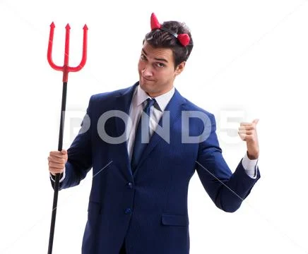 Evil devil businessman with pitchfork isolated on white backgrou Stock Photos