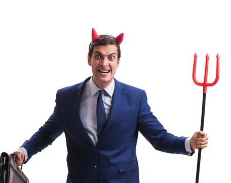 Evil devil businessman with pitchfork isolated on white backgrou Stock Photos