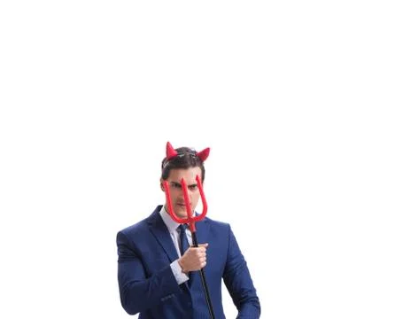 Evil devil businessman with pitchfork isolated on white backgrou Stock Photos