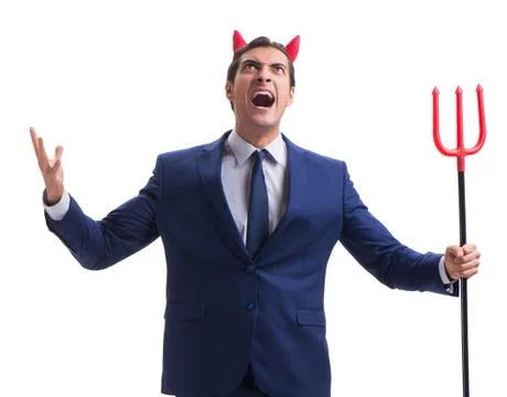 Evil devil businessman with pitchfork isolated on white backgrou Stock Photos
