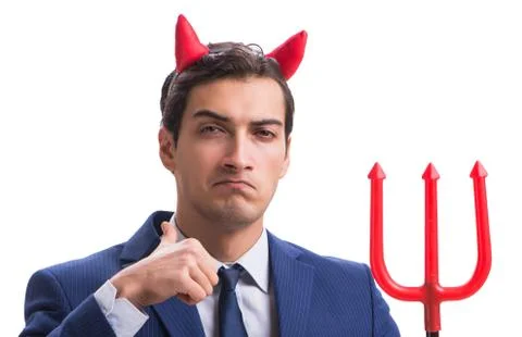 Evil devil businessman with pitchfork isolated on white backgrou Stock Photos