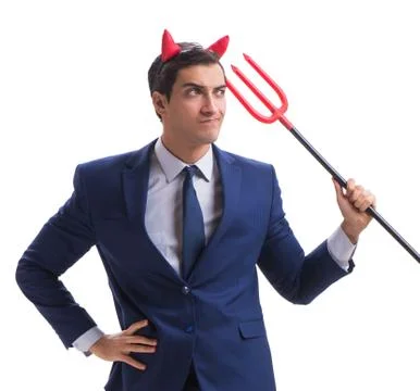 Evil devil businessman with pitchfork isolated on white backgrou 스톡 사진
