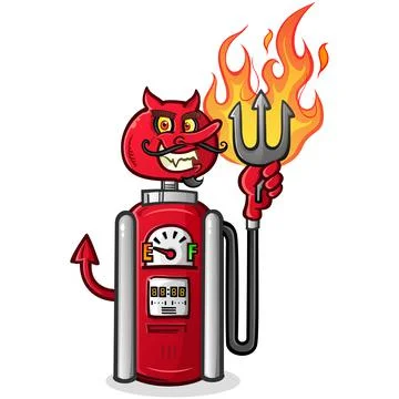 An evil devil gas pump holding a flaming pitchfork cartoon mascot Stock Illustration